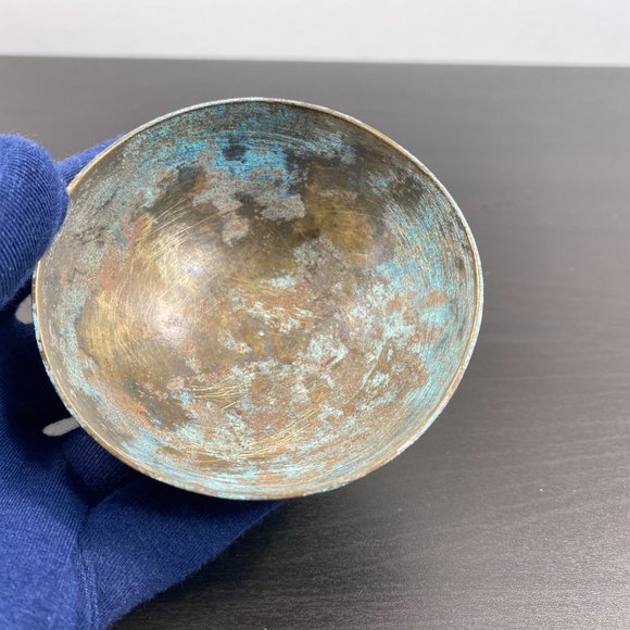 Antique Brass Round Bowl, Handcrafted Small Vessel, Vintage Solid Metal Dish, De - Picture 8 of 10